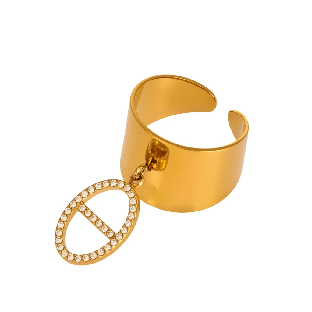 Contemporary Designer Titanium Steel Ring in 18K Gold-A196