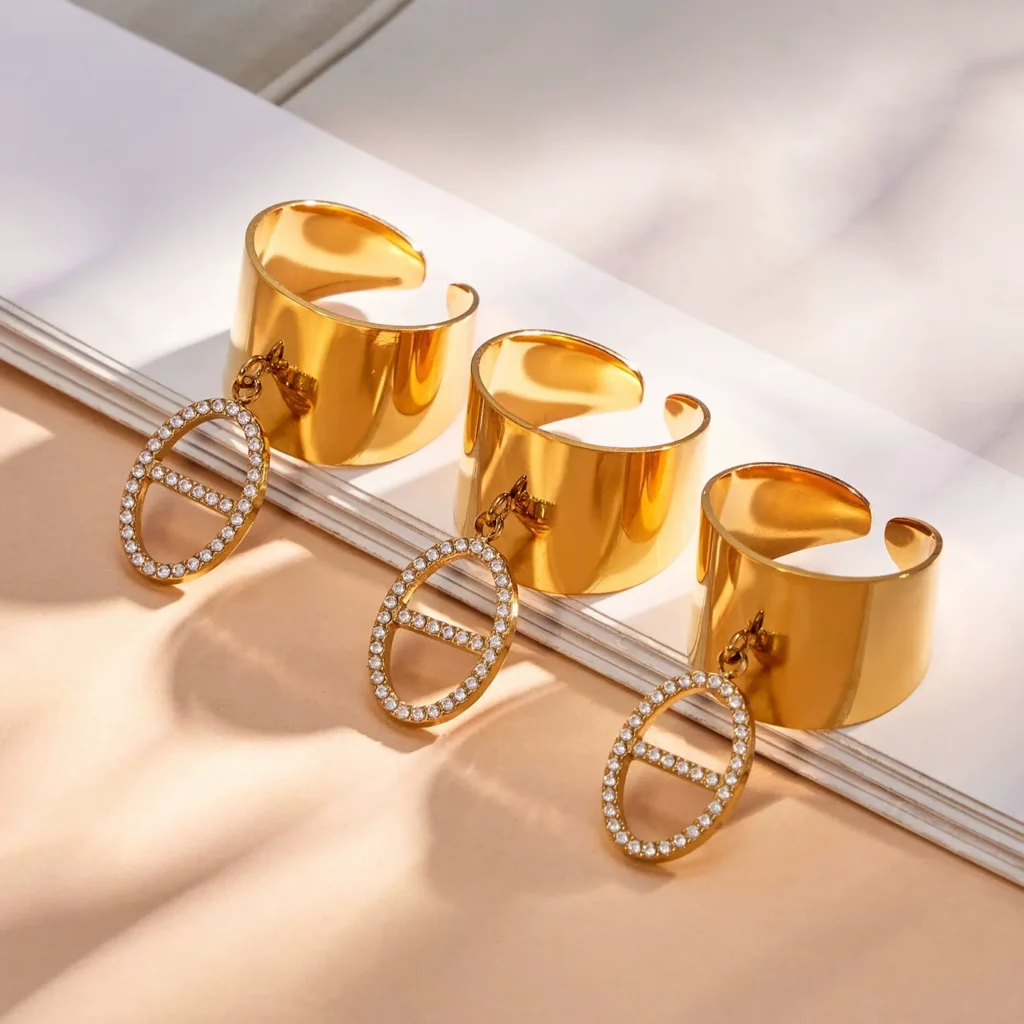 Contemporary Designer Titanium Steel Ring in 18K Gold-A196
