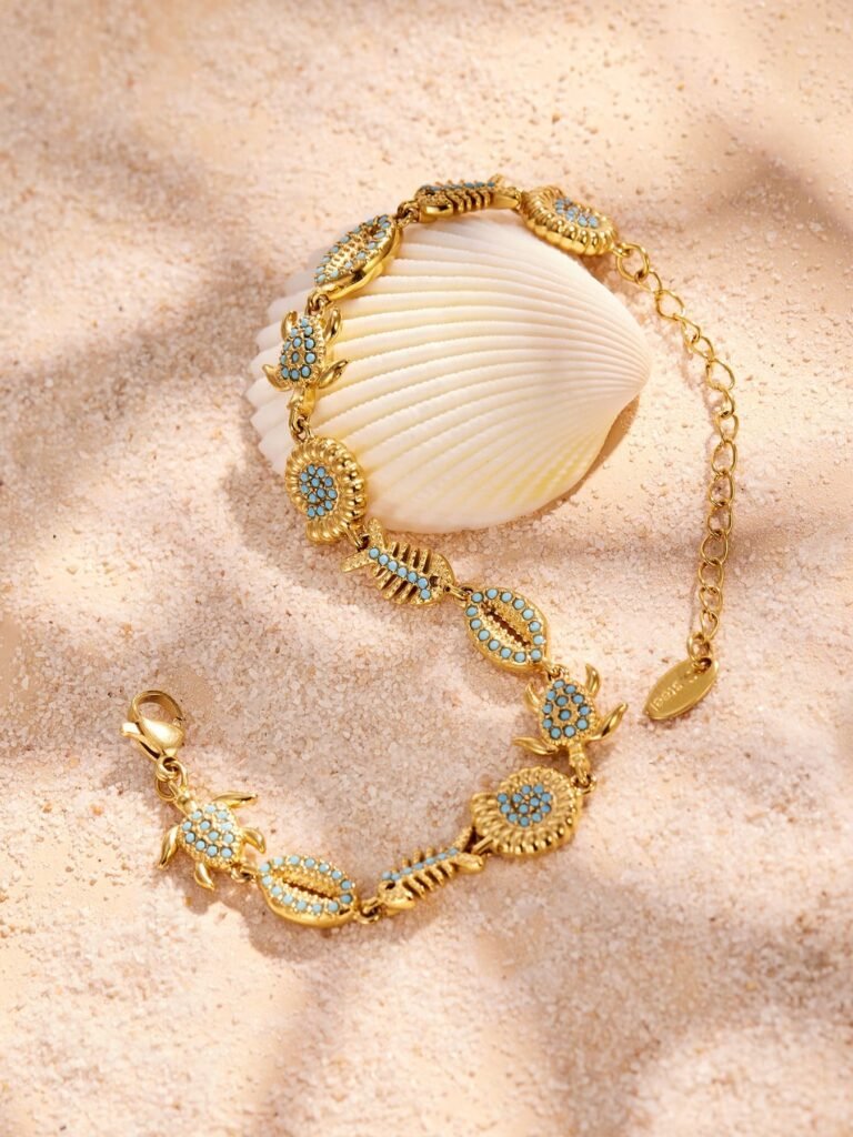 Beach Style Turquoise Sea Turtle and Seashell Charm Bracelet-E069