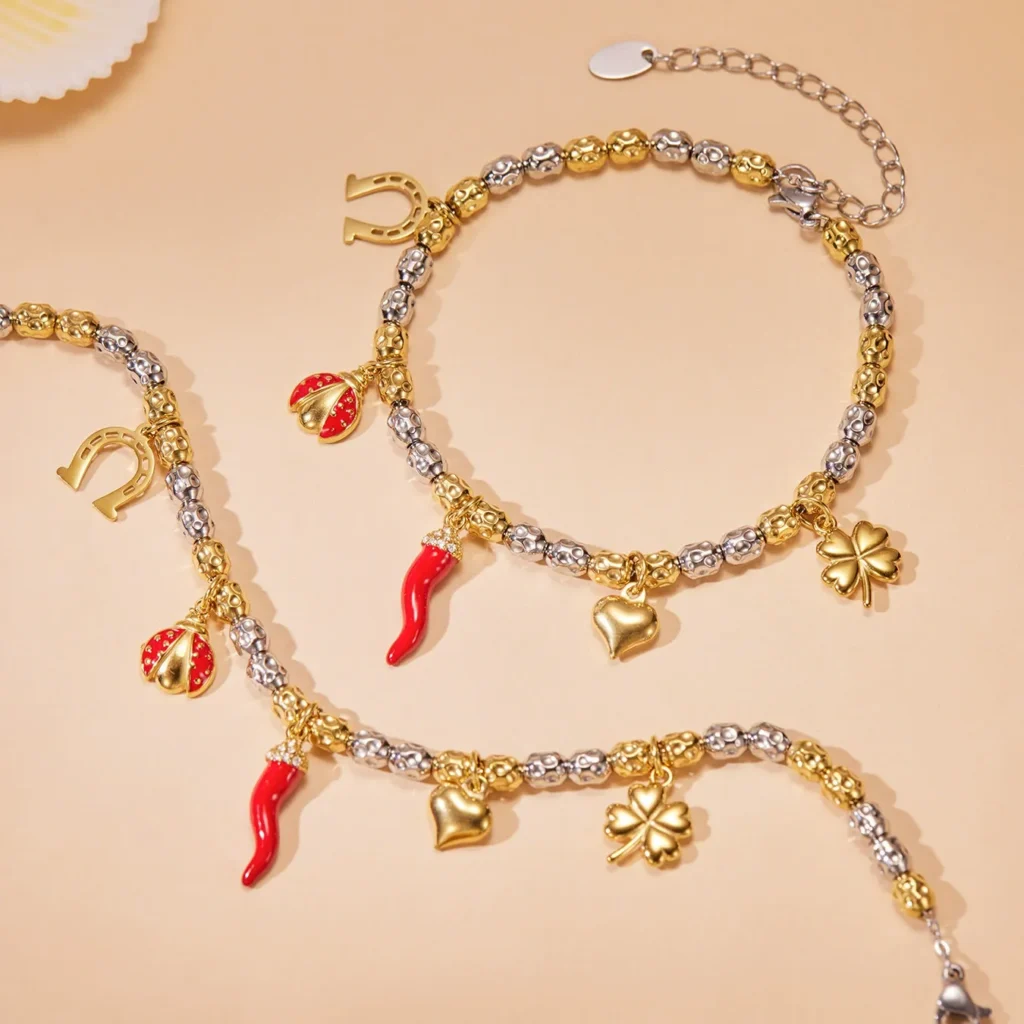 Trendy Enamel Chili Pepper and Ladybug Multi-Charm Bracelet-E176