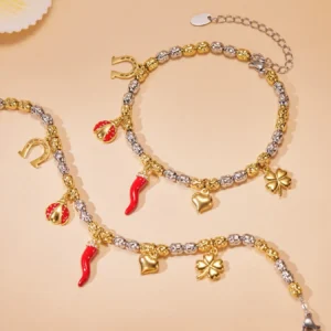 Trendy Enamel Chili Pepper and Ladybug Multi-Charm Bracelet-E176