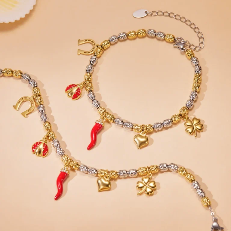 Trendy Enamel Chili Pepper and Ladybug Multi-Charm Bracelet-E176