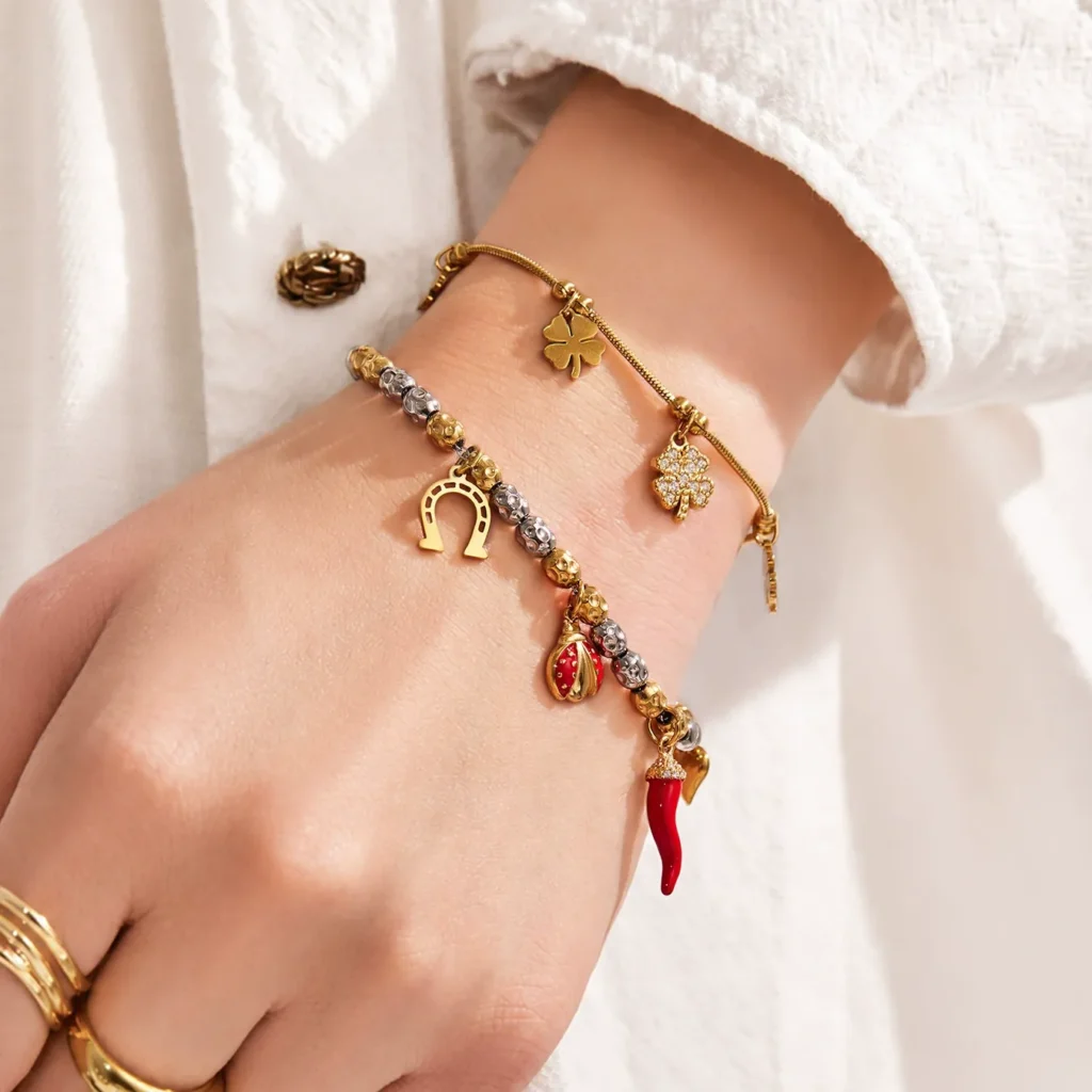 Trendy Enamel Chili Pepper and Ladybug Multi-Charm Bracelet-E176