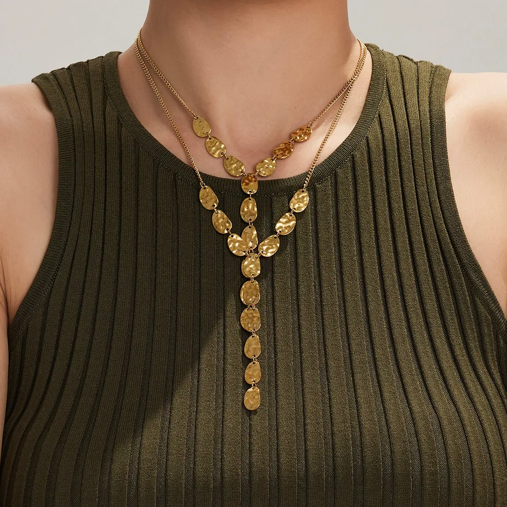 Minimalist Hammered Teardrop Tassel Collarbone Necklace-P135
