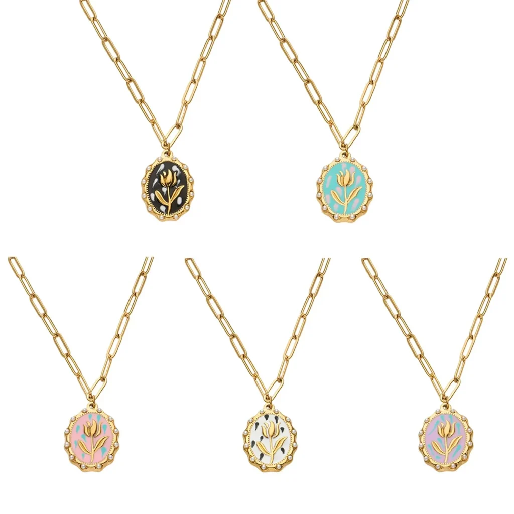 Colorful Tulip Enamel Necklace with Pearl-Framed Oval Pendant-P501