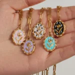 Colorful Tulip Enamel Necklace with Pearl-Framed Oval Pendant-P501
