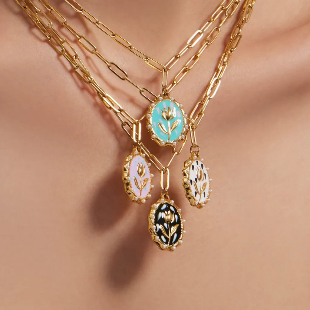 Colorful Tulip Enamel Necklace with Pearl-Framed Oval Pendant-P501