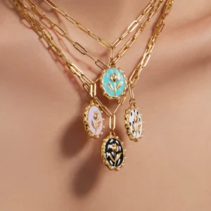 Colorful Tulip Enamel Necklace with Pearl-Framed Oval Pendant-P501
