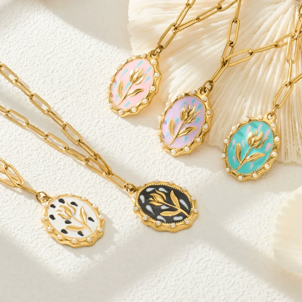 Colorful Tulip Enamel Necklace with Pearl-Framed Oval Pendant-P501