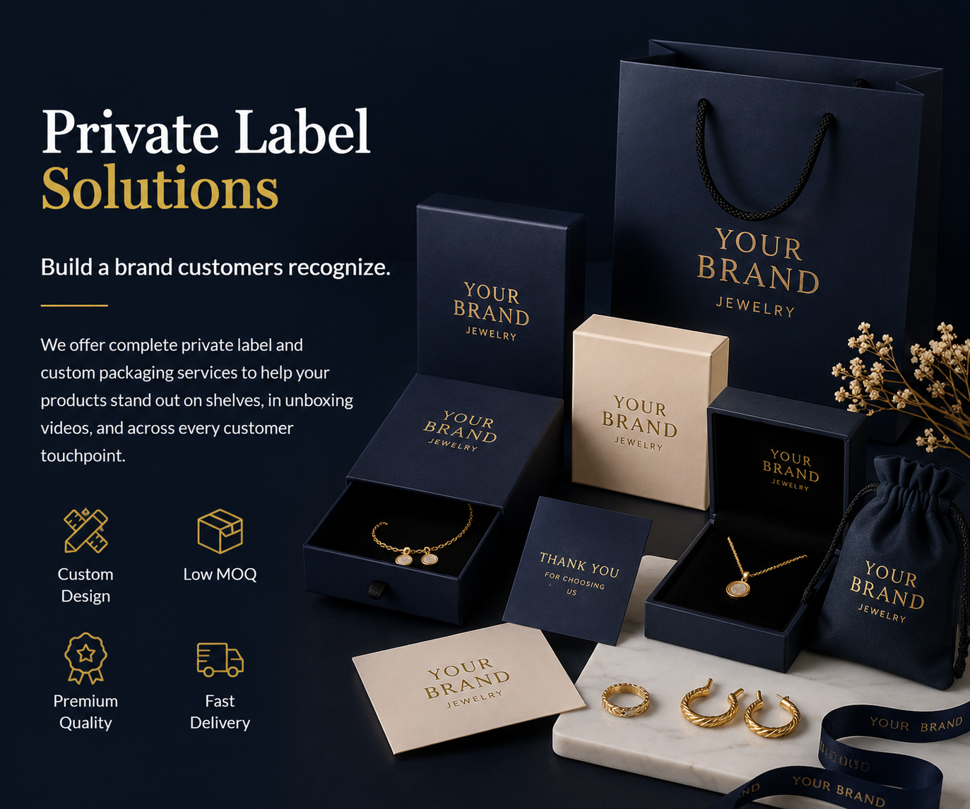 Custom jewelry packaging and private label solutions including gift boxes and branded pouches