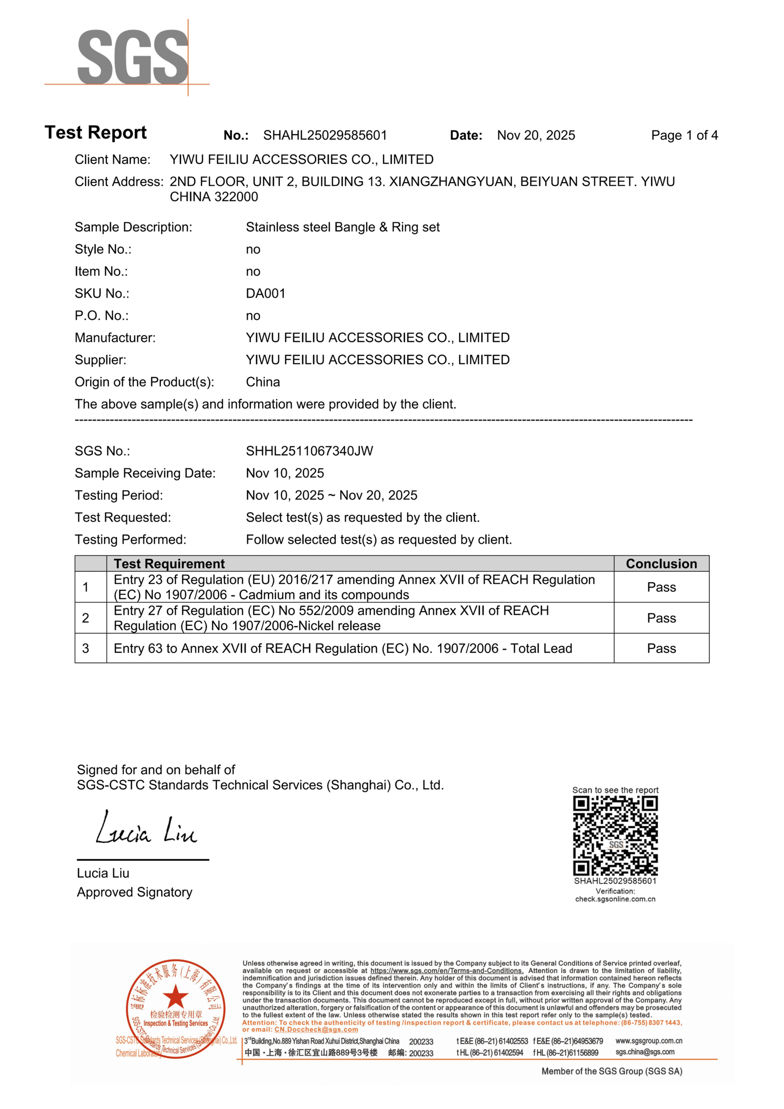 SGS certification document -- official test report for stainless steel jewelry