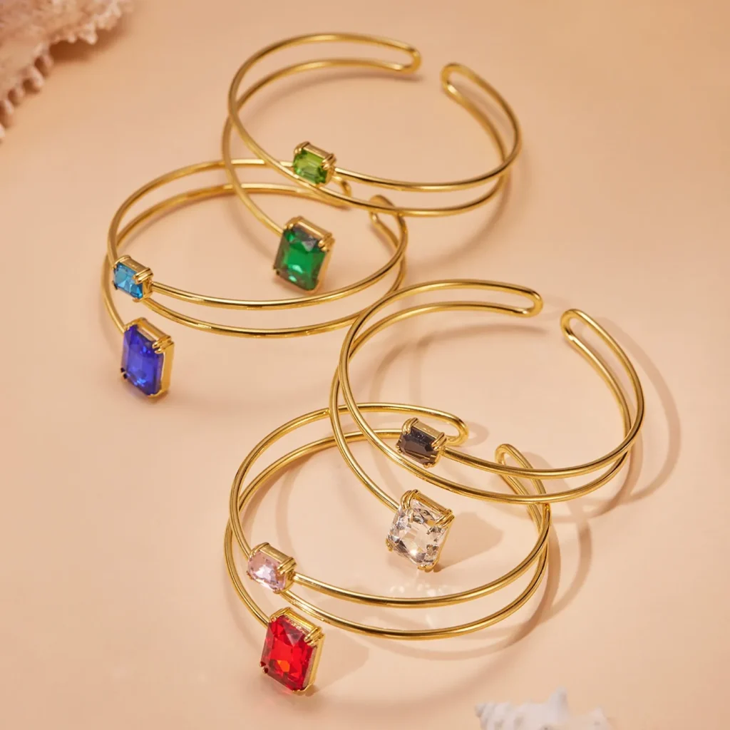 Adjustable Double-Layer Cuff Bracelet with Crystal Square Charm-Z259
