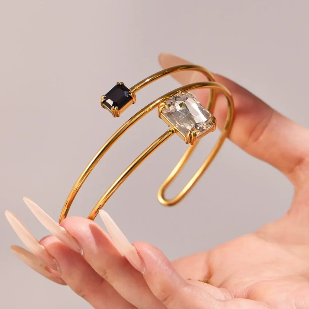 Adjustable Double-Layer Cuff Bracelet with Crystal Square Charm-Z259