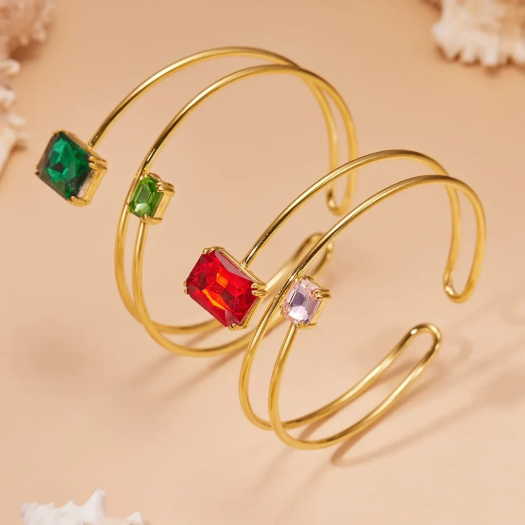 Adjustable Double-Layer Cuff Bracelet with Crystal Square Charm-Z259
