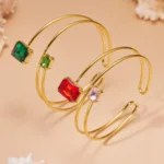 Adjustable Double-Layer Cuff Bracelet with Crystal Square Charm-Z259