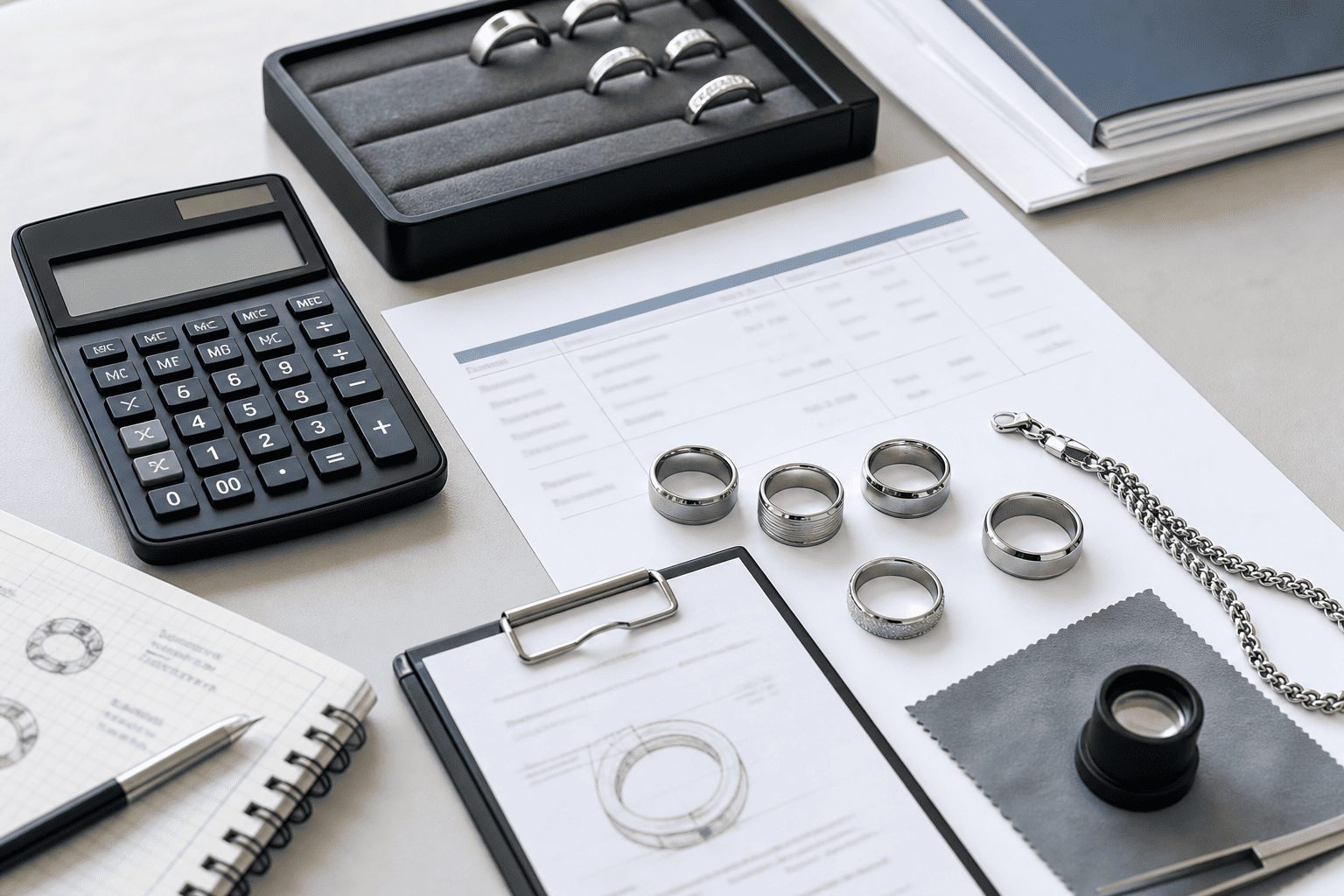 Calculating the Total Cost of Custom Jewelry a calculator next to a pile of stainless steel rings