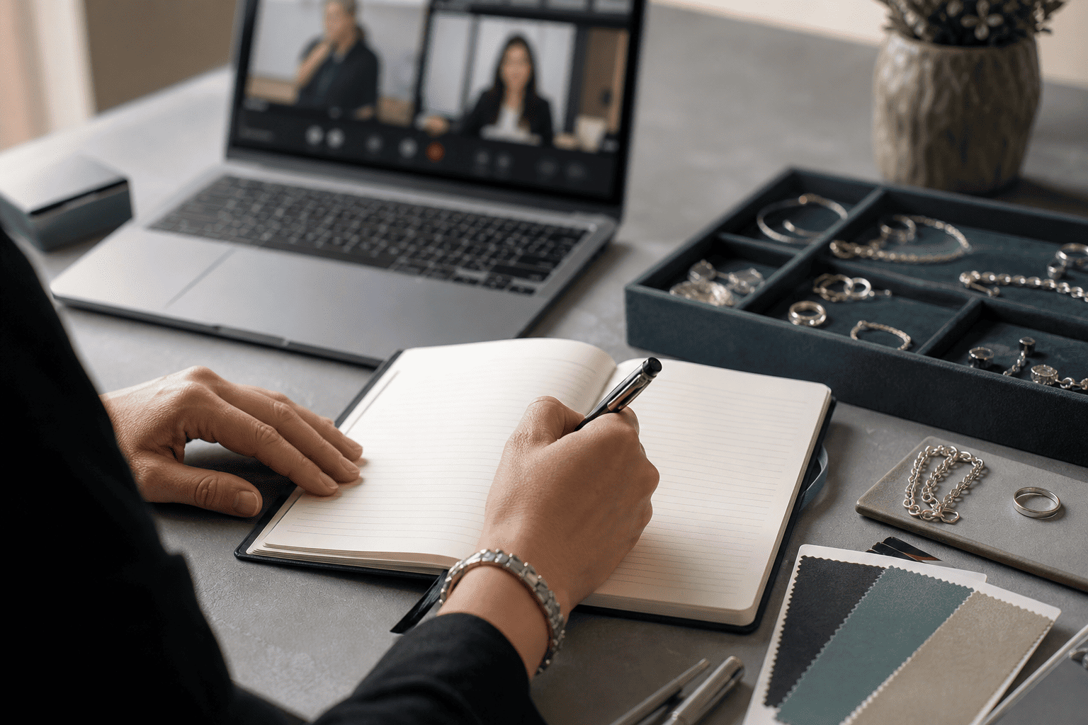 Questions to Ask a Custom Jewelry Manufacturer a person writing questions on a notepad in front of a laptop