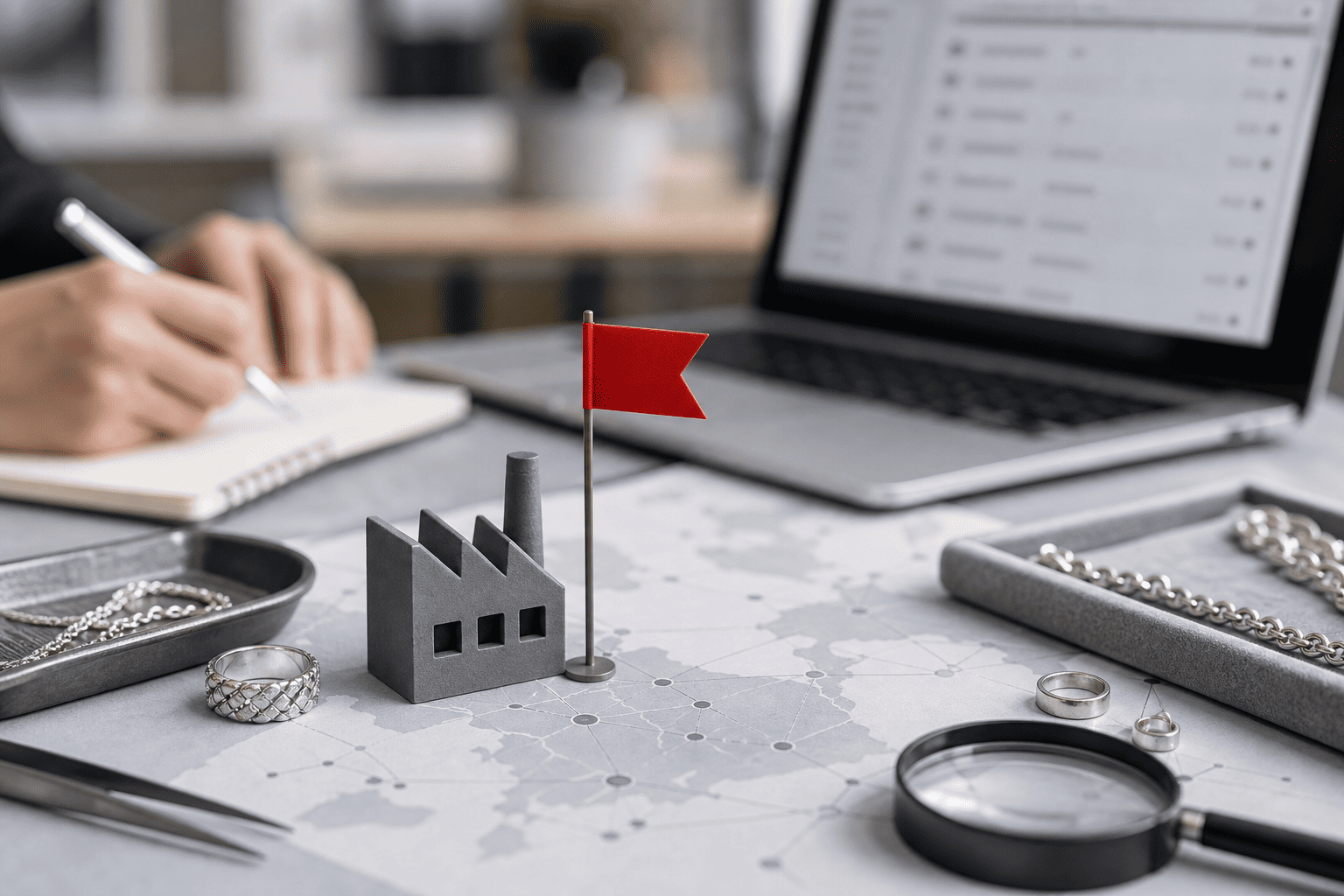 Red Flags When Choosing a Jewelry Supplier a red flag on a map pointing to a factory icon
