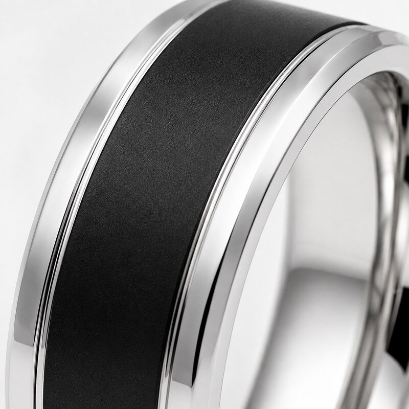 Black Stainless Steel Men's Wedding Band - material and finish detail
