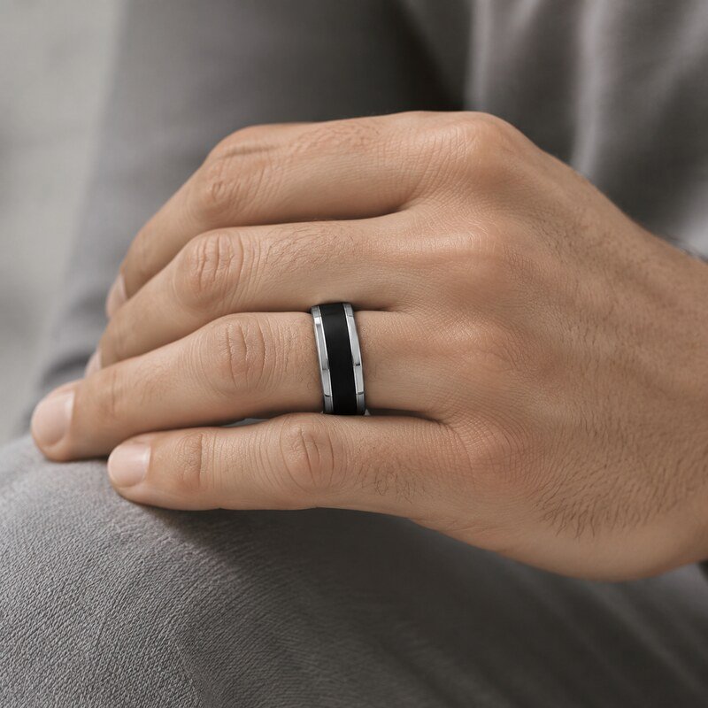 Black Stainless Steel Men's Wedding Band - on-hand view