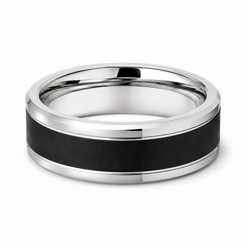 Black Stainless Steel Men's Wedding Band - side and structure view