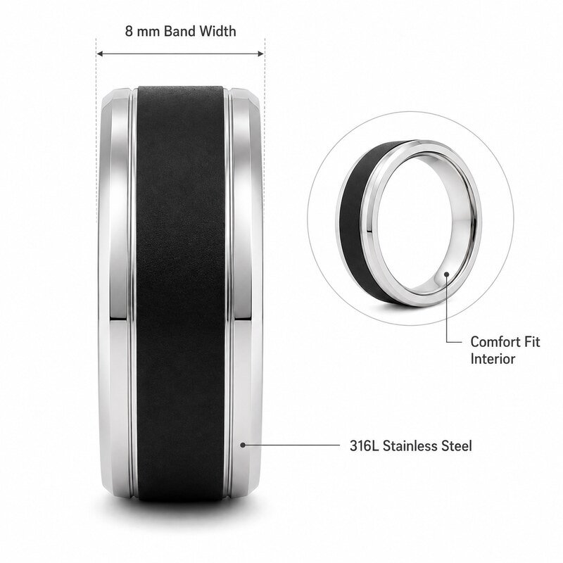 Black Stainless Steel Men's Wedding Band - product specifications image
