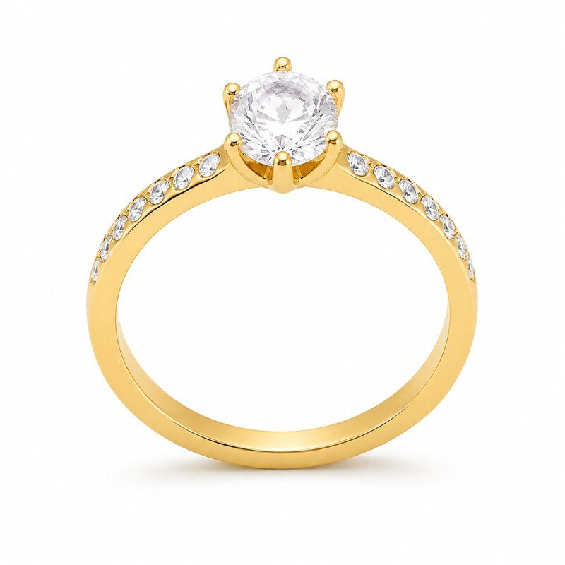 Gold Stainless Steel CZ Engagement Ring - front view