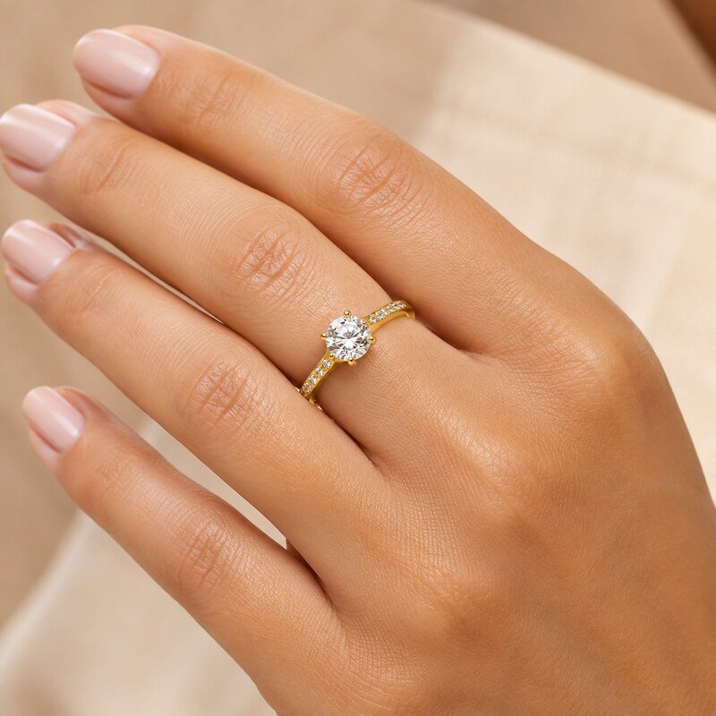 Gold Stainless Steel CZ Engagement Ring - on-hand view