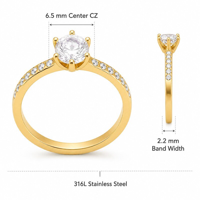 Gold Stainless Steel CZ Engagement Ring - product specifications image