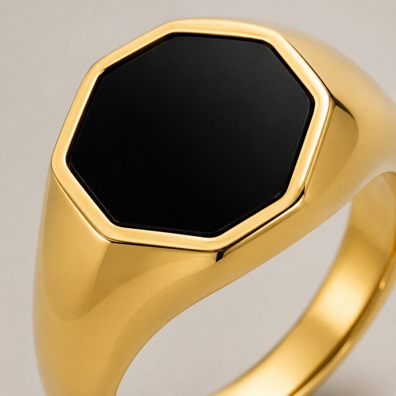 Gold Stainless Steel Black Onyx Signet Ring - material and finish detail