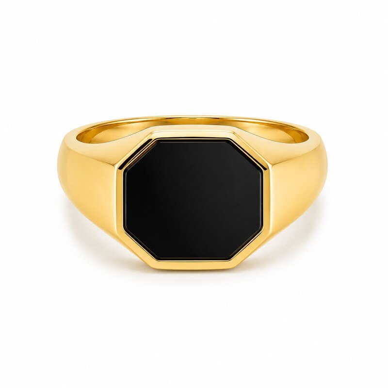 Gold Stainless Steel Black Onyx Signet Ring - front view