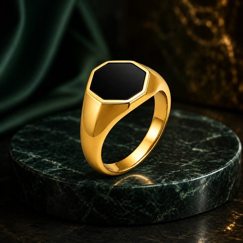 Gold Stainless Steel Black Onyx Signet Ring - lifestyle product image
