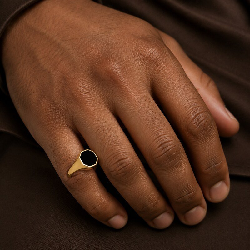 Gold Stainless Steel Black Onyx Signet Ring - on-hand view
