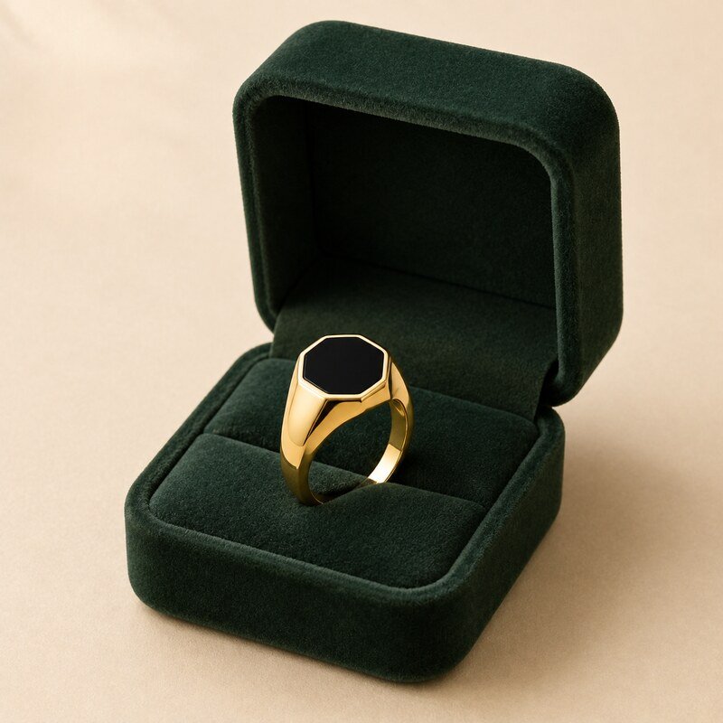 Gold Stainless Steel Black Onyx Signet Ring - wholesale packaging image