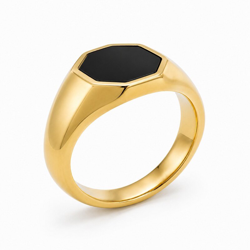 Gold Stainless Steel Black Onyx Signet Ring - side and structure view
