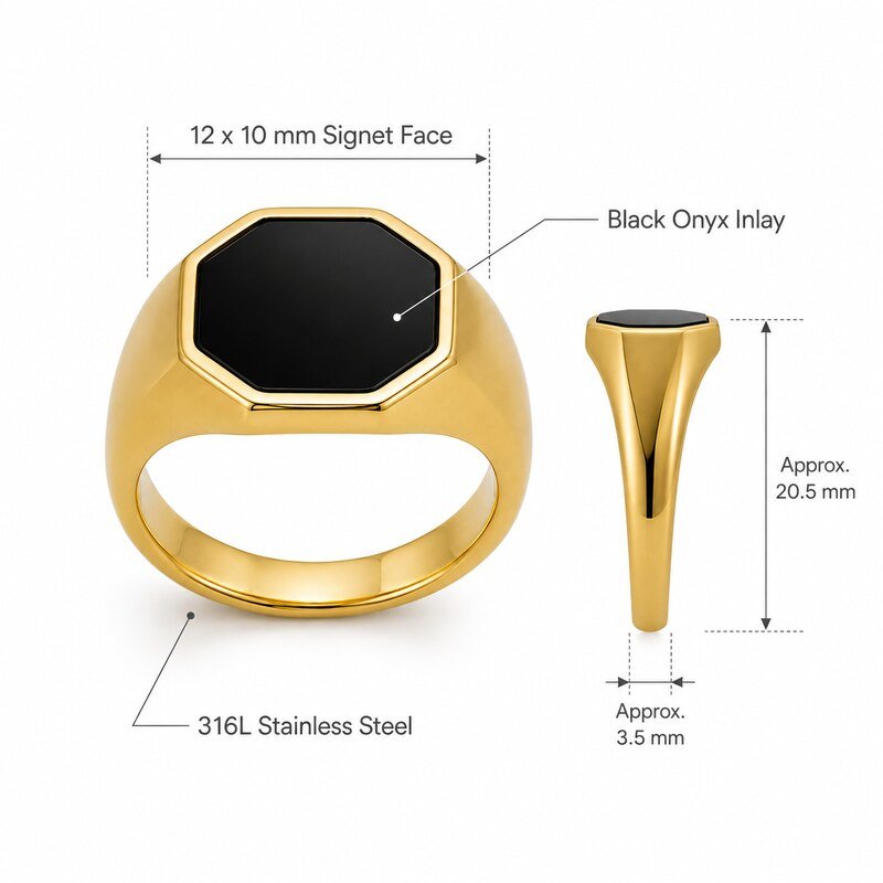 Gold Stainless Steel Black Onyx Signet Ring - product specifications image