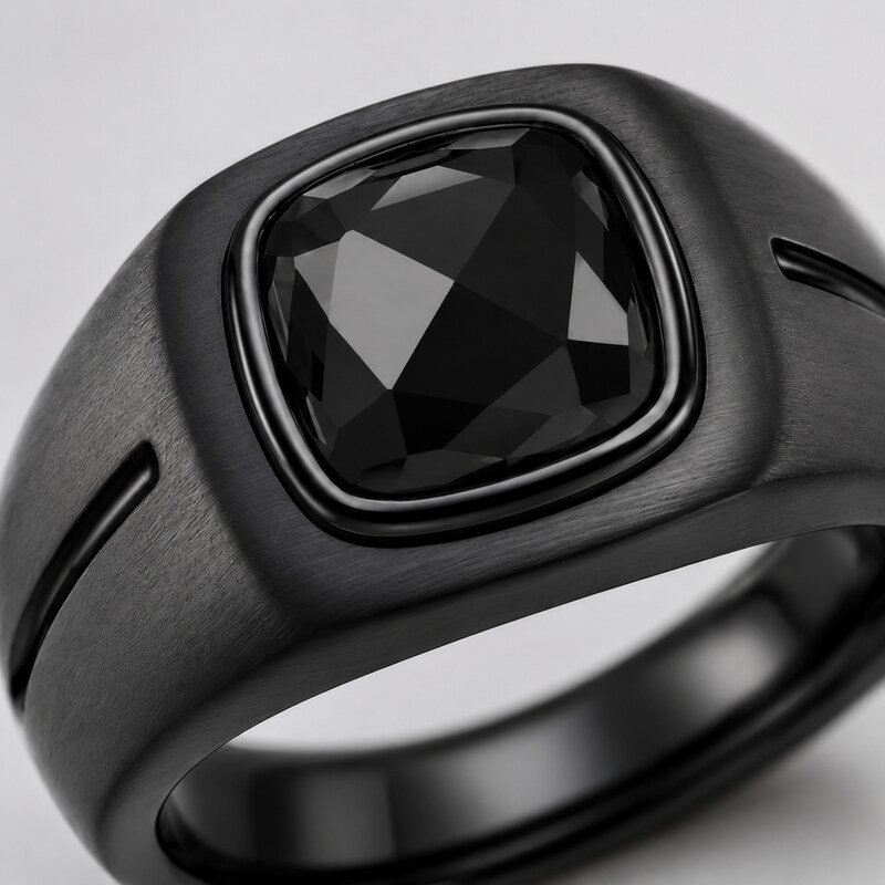 Black Stainless Steel CZ Men's Signet Ring - material and finish detail