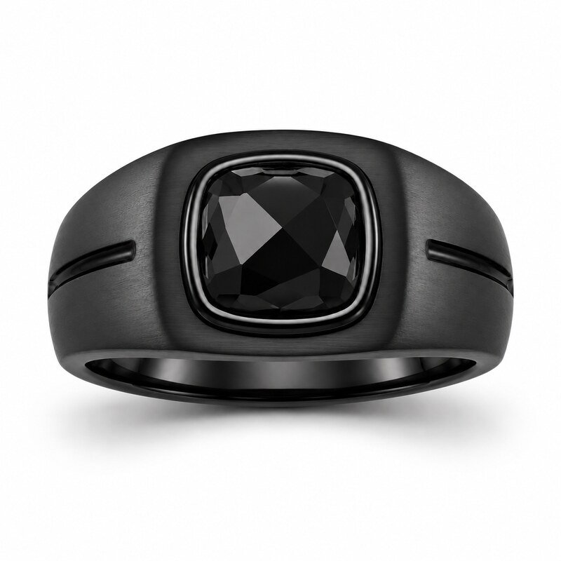 Black Stainless Steel CZ Men's Signet Ring - front view