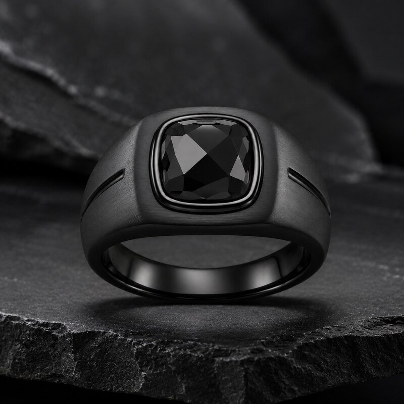 Black Stainless Steel CZ Men's Signet Ring - lifestyle product image