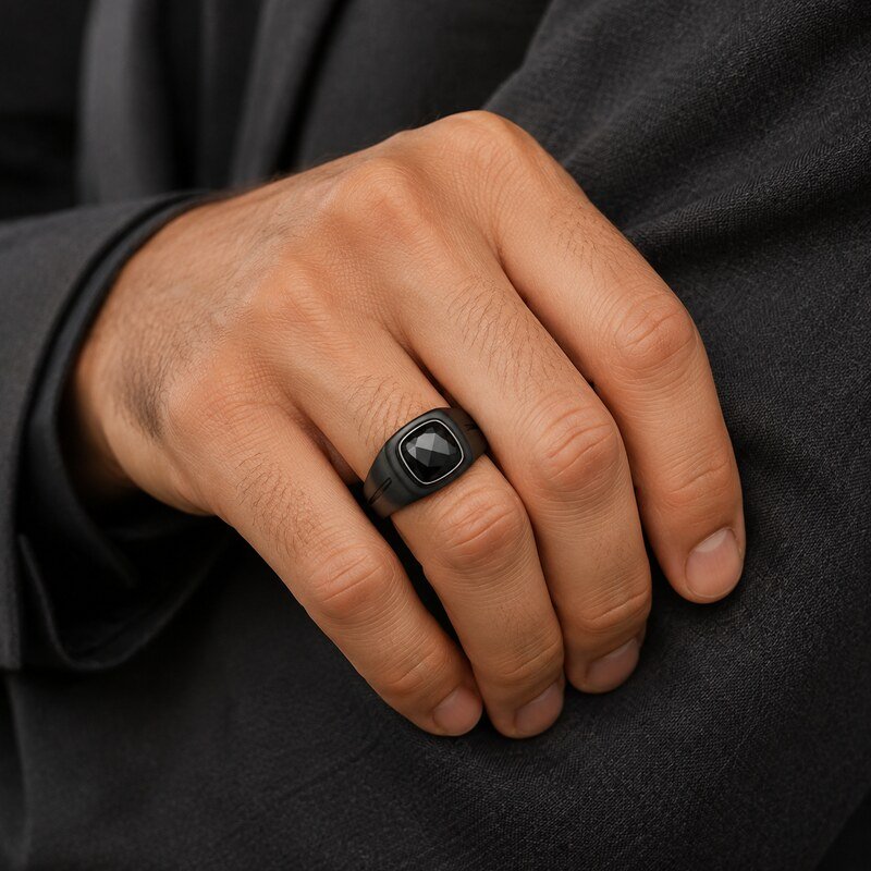 Black Stainless Steel CZ Men's Signet Ring - on-hand view