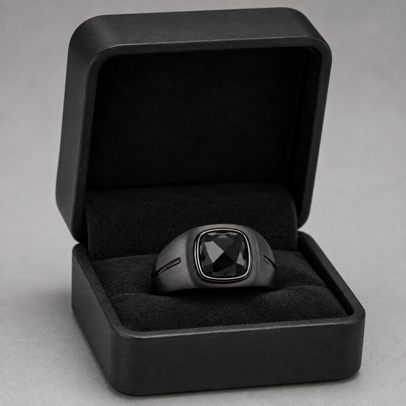 Black Stainless Steel CZ Men's Signet Ring - wholesale packaging image