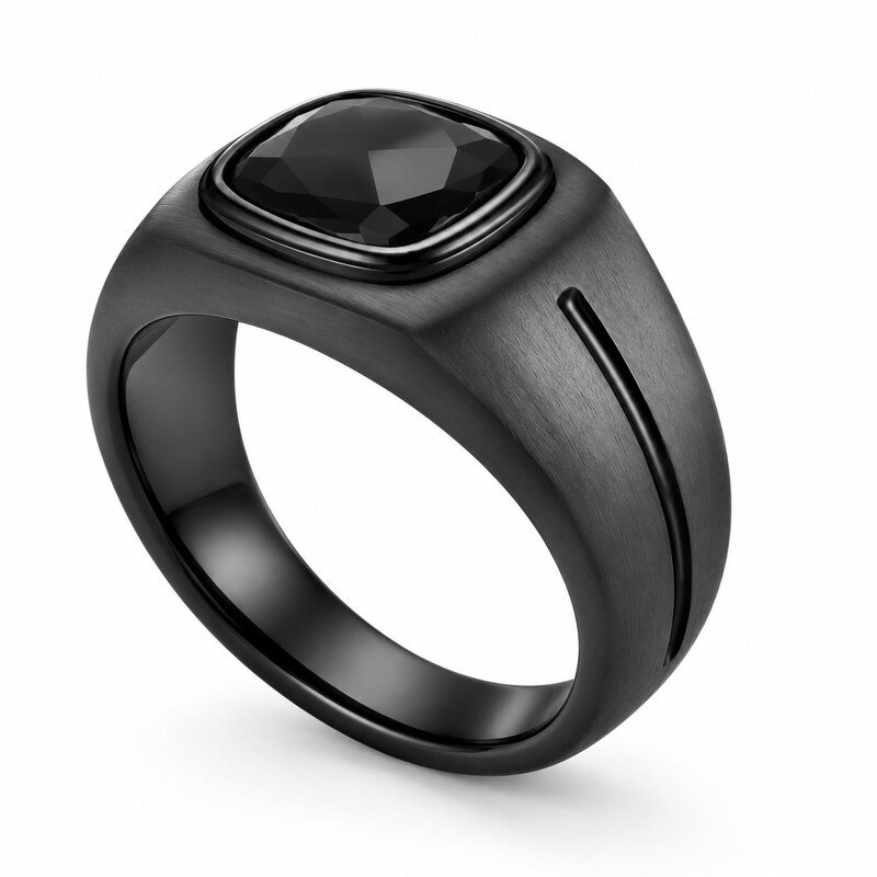 Black Stainless Steel CZ Men's Signet Ring - side and structure view