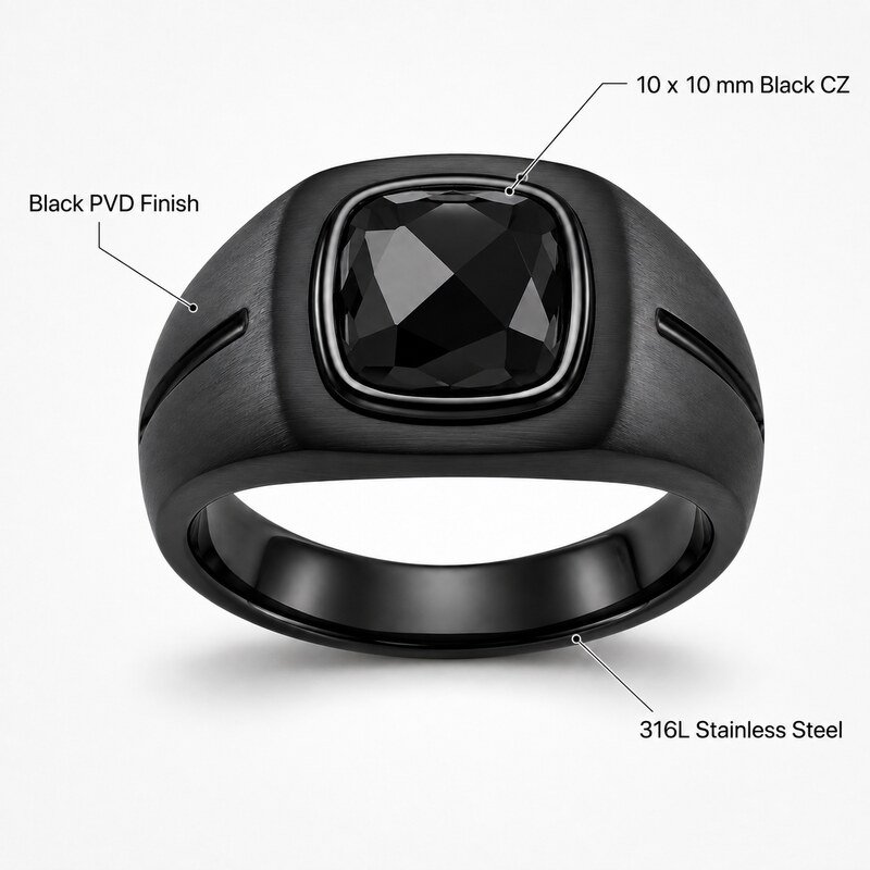 Black Stainless Steel CZ Men's Signet Ring - product specifications image