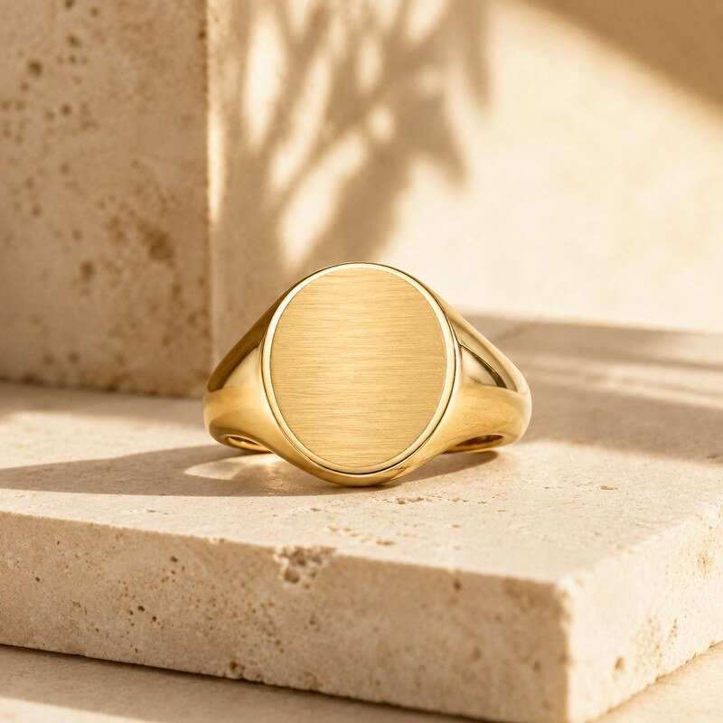 Gold Stainless Steel Blank Oval Signet Ring - lifestyle product image