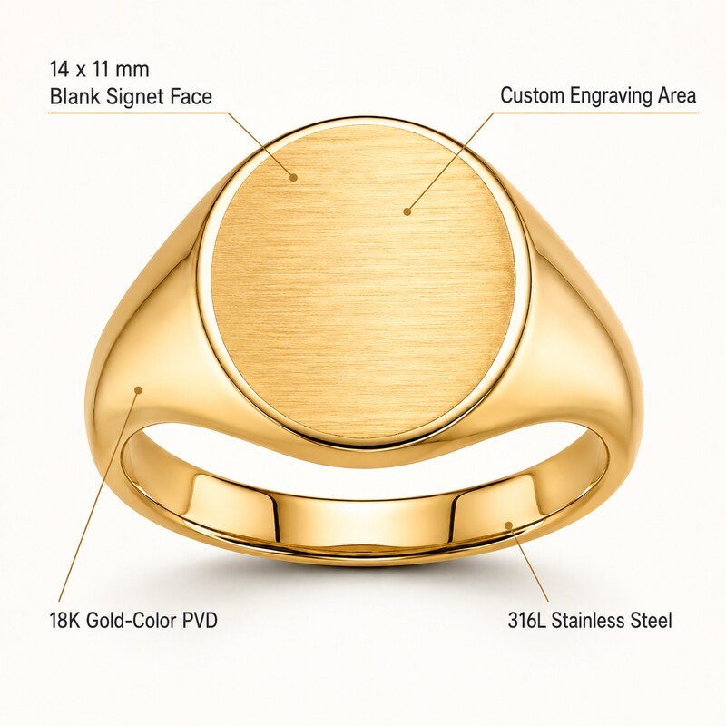 Gold Stainless Steel Blank Oval Signet Ring - product specifications image