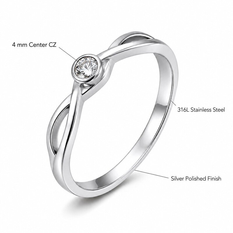 Silver Stainless Steel Infinity Solitaire Ring - product specifications image