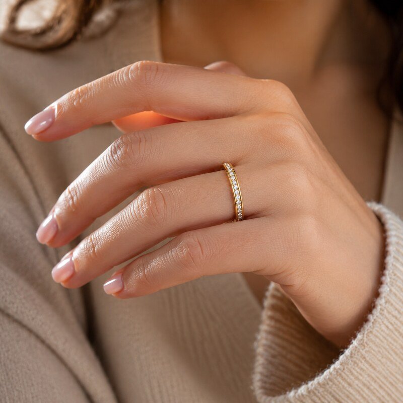 Gold Stainless Steel CZ Eternity Band - on-hand view