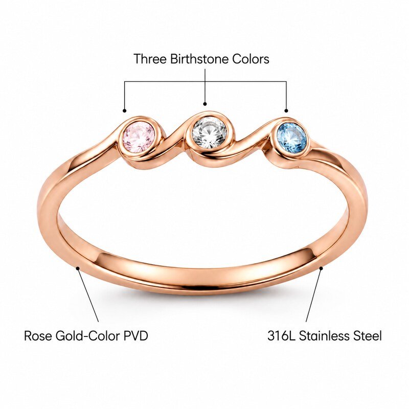 Rose Gold Stainless Steel Birthstone Mother's Ring - product specifications image