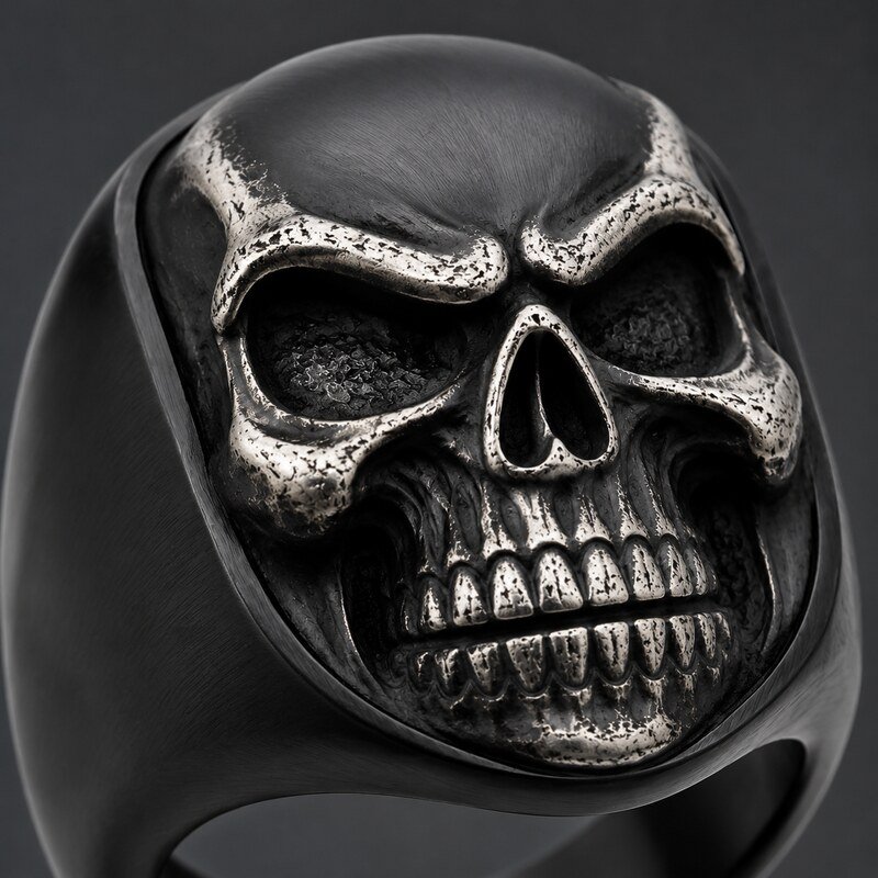 Black Stainless Steel Skull Biker Ring - material and finish detail