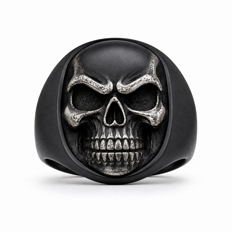Black Stainless Steel Skull Biker Ring - front view